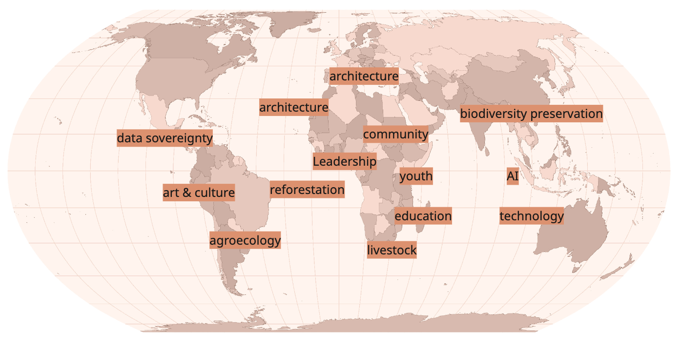 mapworld Map of the world with all the different knowledges engaged by Design Reparations architecture architecture biodiversity preservation community data sovereignty Leadership youth AI reforestation art & culture education technology agroecology livestock
